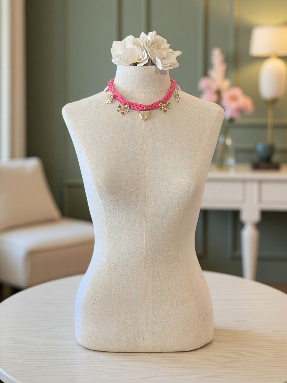 Pink/Coral Braided Charm Necklace - Women's Jewelry